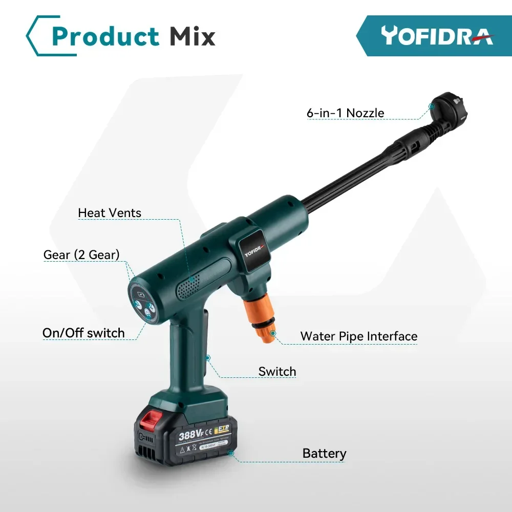 YOFIDRA 200Bar Brushless Electric High Pressure Washer Water Gun 6IN1 Cordless Car Washer Cleaning Garden For Makita 18V Battery - Image 12